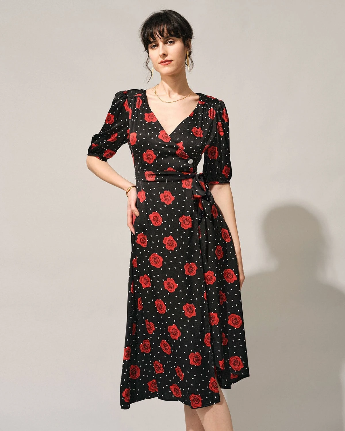 The V Neck Puff Sleeve Floral Wrap Midi Dress 1 The V Neck Puff Sleeve Floral Wrap Midi Dress