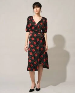 The V Neck Puff Sleeve Floral Wrap Midi Dress 10 The V Neck Puff Sleeve Floral Wrap Midi Dress -CINN Clothing Shop the v neck floral wrap dress dresses cxshh5 431687