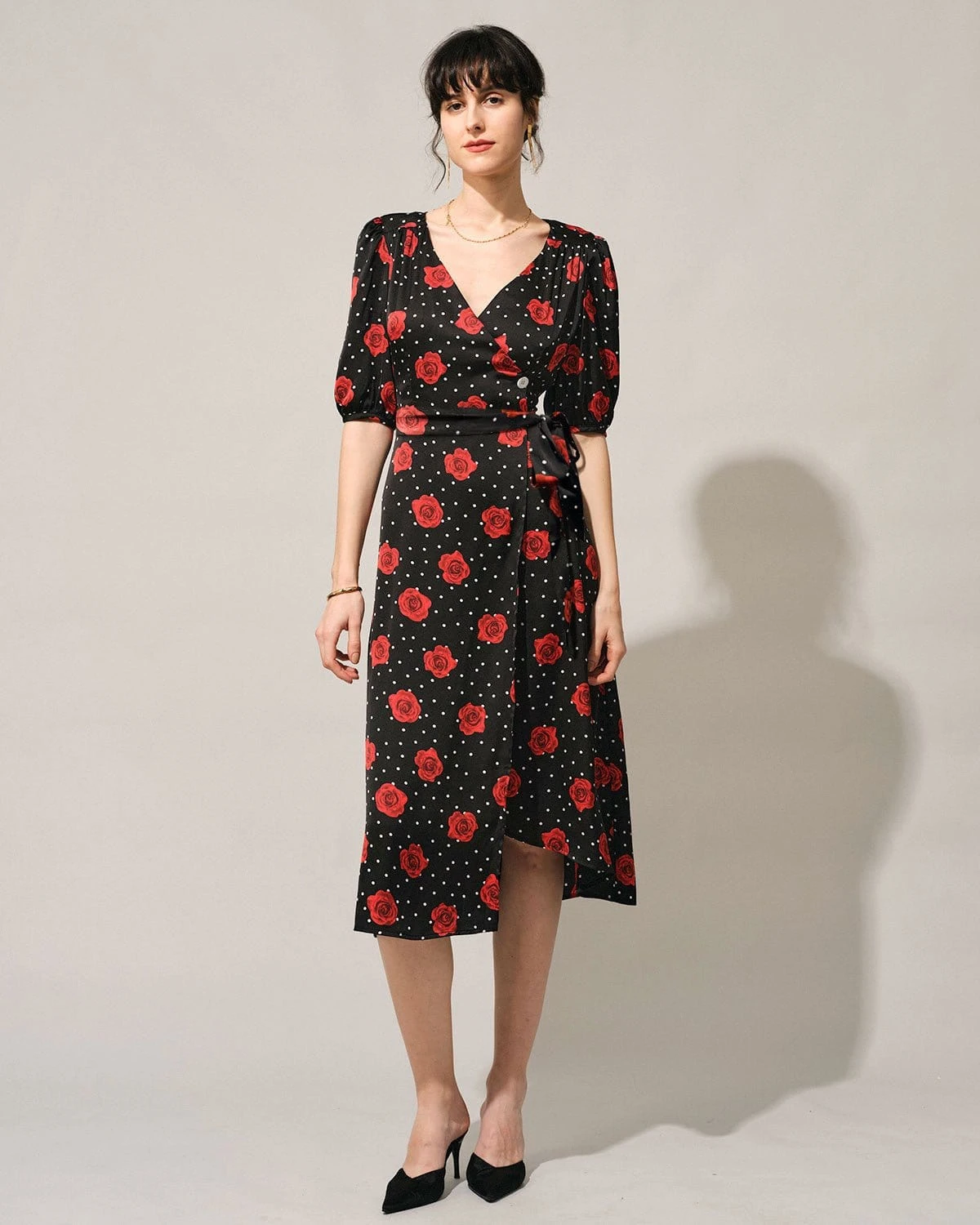 The V Neck Puff Sleeve Floral Wrap Midi Dress 4 The V Neck Puff Sleeve Floral Wrap Midi Dress - Image 4