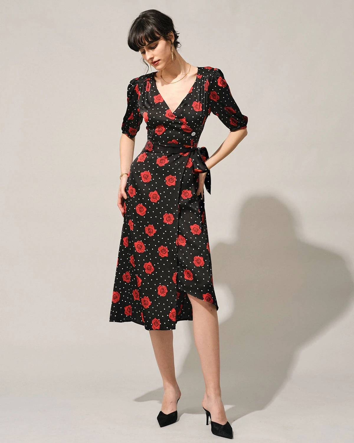 The V Neck Puff Sleeve Floral Wrap Midi Dress 5 The V Neck Puff Sleeve Floral Wrap Midi Dress - Image 5