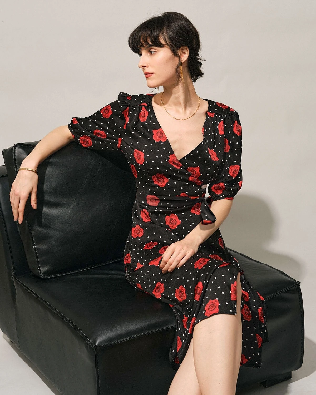 The V Neck Puff Sleeve Floral Wrap Midi Dress 2 The V Neck Puff Sleeve Floral Wrap Midi Dress - Image 2