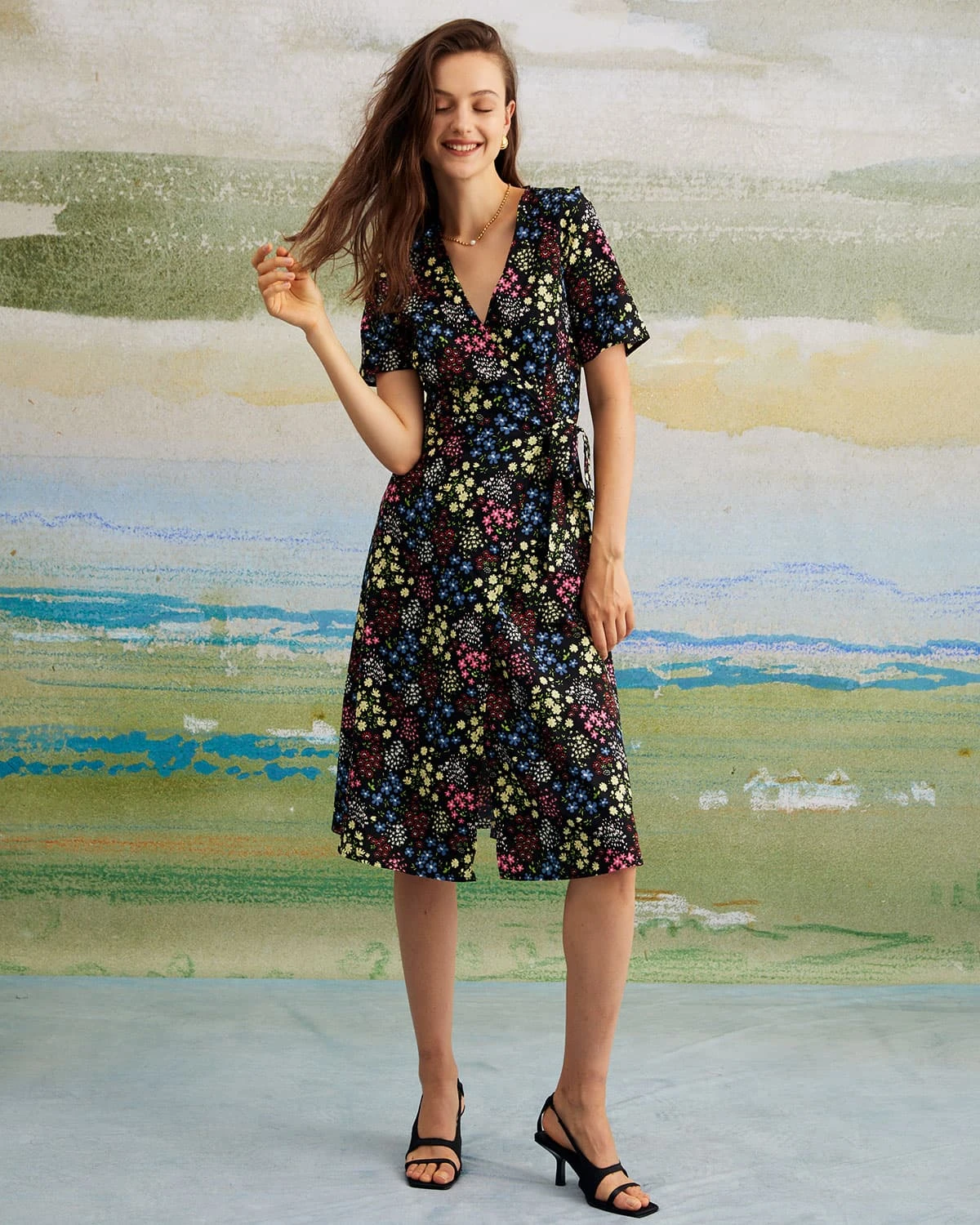 The Black V Neck Floral Tie Back Midi Dress 2 The Black V Neck Floral Tie Back Midi Dress - Image 2