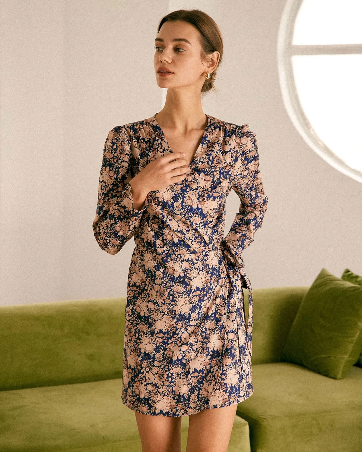 The V-Neck Floral Wrap Long Sleeve Mini Dress 1 The V-Neck Floral Wrap Long Sleeve Mini Dress