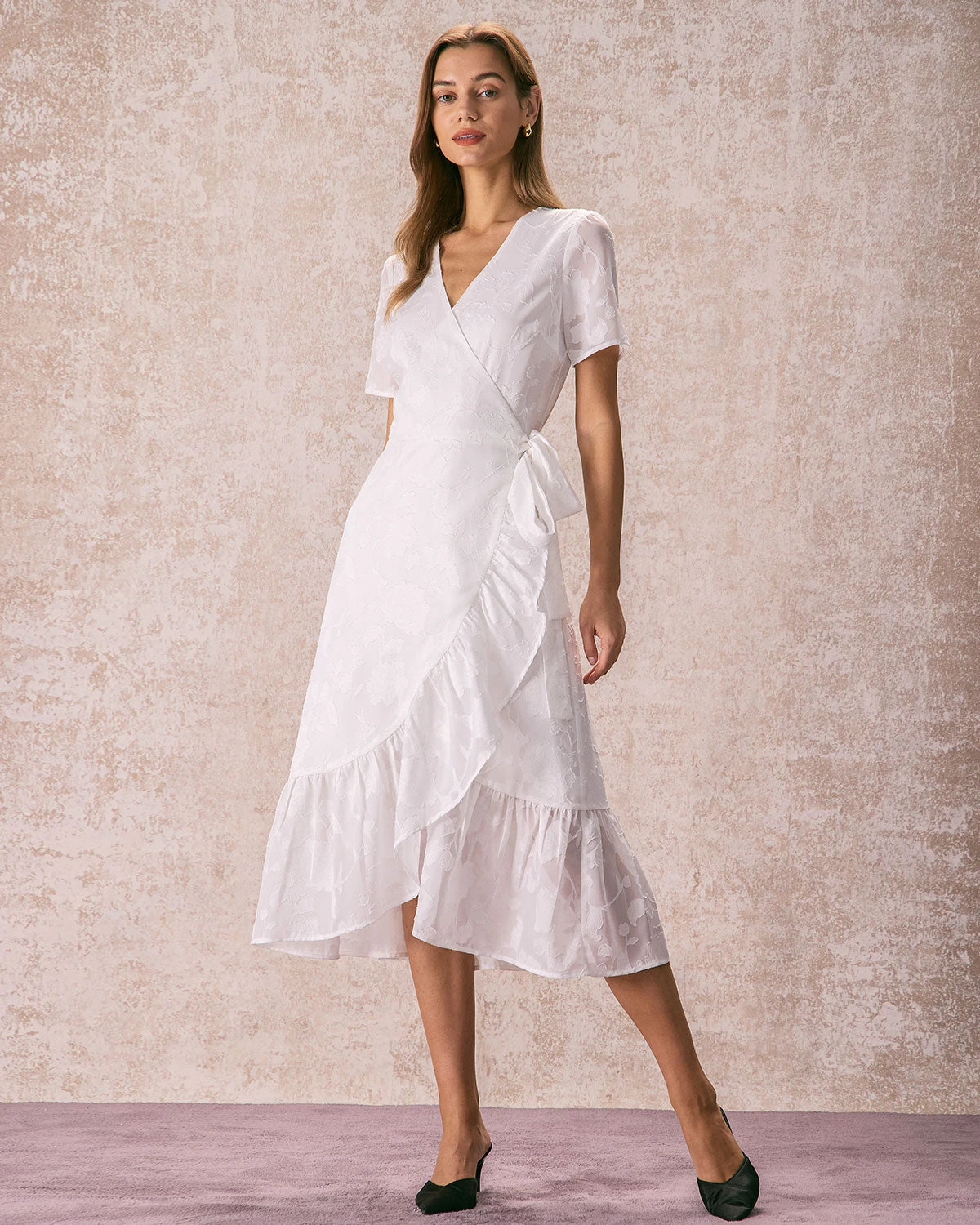 The White V Neck Jacquard Wrap Midi Dress 1 The White V Neck Jacquard Wrap Midi Dress