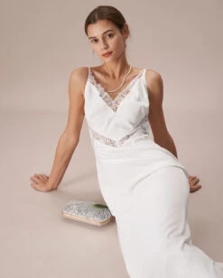 The White V Neck Lace Trim Slip Maxi Dress -CINN Clothing Shop the v neck lace maxi dress dresses 0g26k3