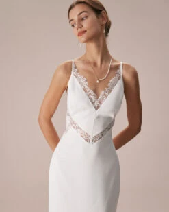 The White V Neck Lace Trim Slip Maxi Dress -CINN Clothing Shop the v neck lace maxi dress dresses fxnwol