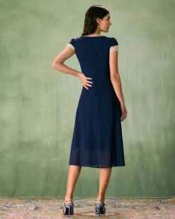 The Navy V-Neck Lace Trim Midi Dress -CINN Clothing Shop the v neck lace trim dress dresses h8fiz2