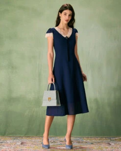 The Navy V-Neck Lace Trim Midi Dress -CINN Clothing Shop the v neck lace trim dress dresses r4ehkd