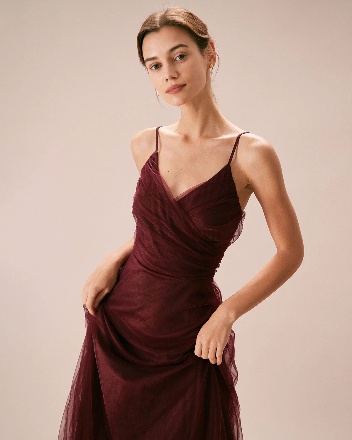 The Wine Red V Neck Mesh Wrap Maxi Dress 3 The Wine Red V Neck Mesh Wrap Maxi Dress - Image 3