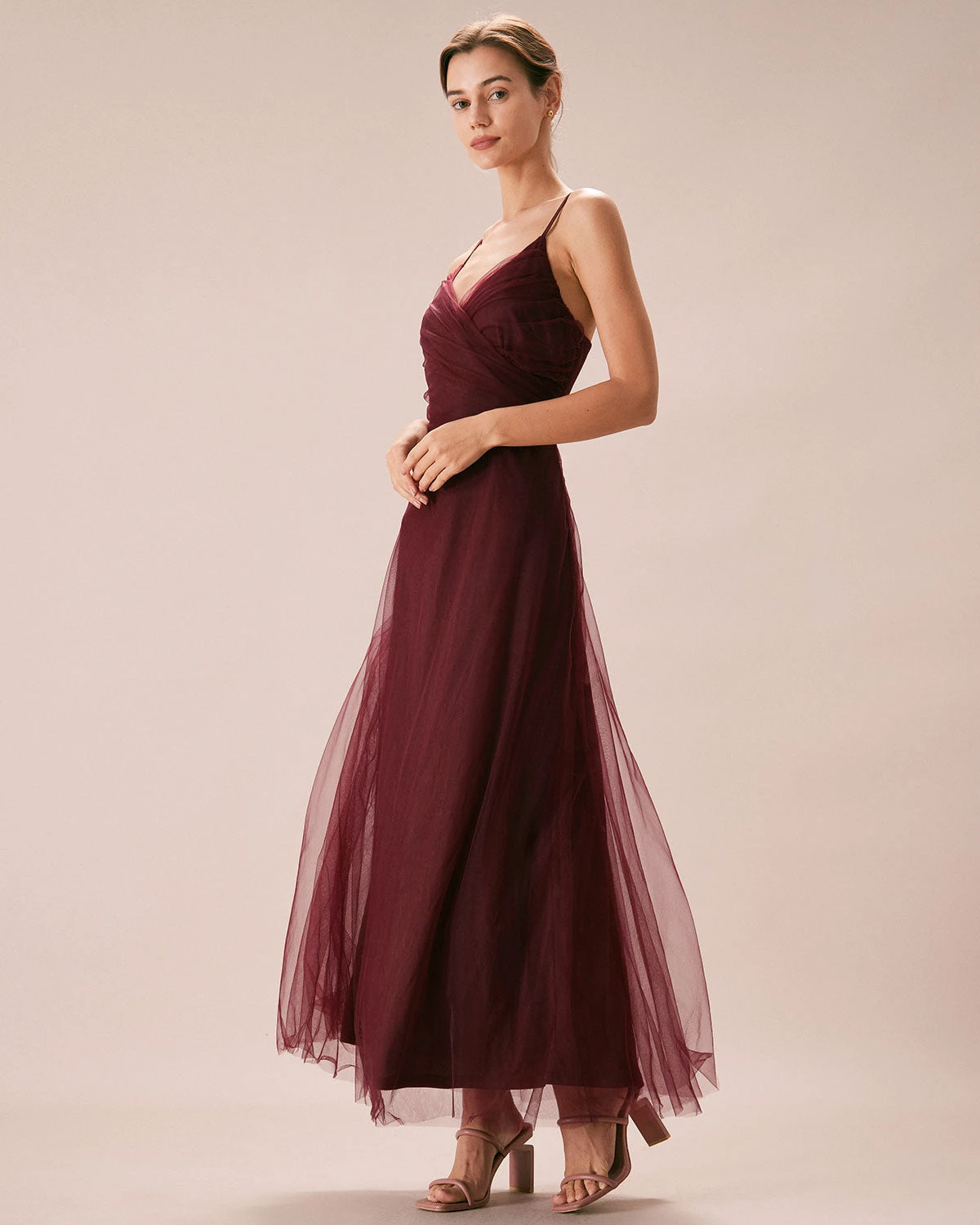 The Wine Red V Neck Mesh Wrap Maxi Dress 5 The Wine Red V Neck Mesh Wrap Maxi Dress - Image 5
