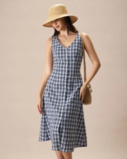 The Blue V Neck Plaid Button Cotton Midi Dress