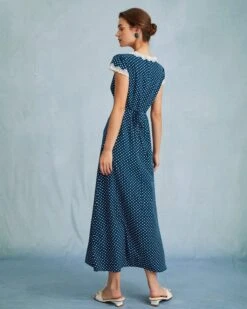 The Navy V Neck Polka Dot Lace Ruched Maxi Dress -CINN Clothing Shop the v neck polka dot dress dresses 7pjpwc 277605
