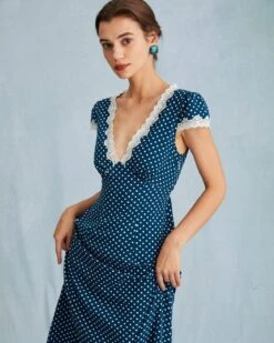 The Navy V Neck Polka Dot Lace Ruched Maxi Dress -CINN Clothing Shop the v neck polka dot dress dresses bl1nn7 985462