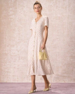The Beige V Neck Polka Dot Button Midi Dress -CINN Clothing Shop the v neck polka dot midi dress dresses cbrjvd