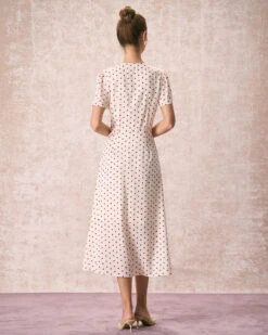 The Beige V Neck Polka Dot Button Midi Dress -CINN Clothing Shop the v neck polka dot midi dress dresses ux0zwg