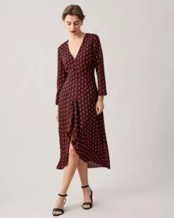The Red V Neck Slit Long Sleeve Midi Dress 7 The Red V Neck Slit Long Sleeve Midi Dress -CINN Clothing Shop the v neck ruffle hem midi dress dresses c201kr 647653