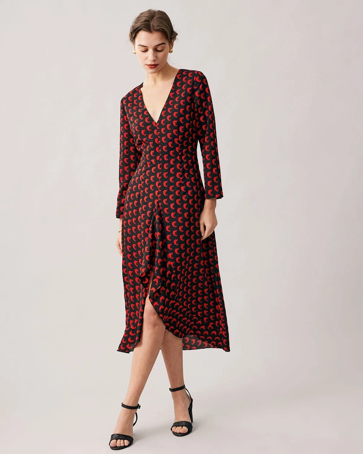 The Red V Neck Slit Long Sleeve Midi Dress 3 The Red V Neck Slit Long Sleeve Midi Dress - Image 3