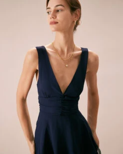 The Navy V Neck Ruffle Layered Midi Dress -CINN Clothing Shop the v neck ruffle layer dress dresses 5jsmrt