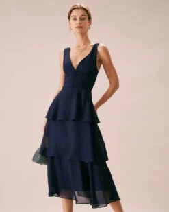 The Navy V Neck Ruffle Layered Midi Dress