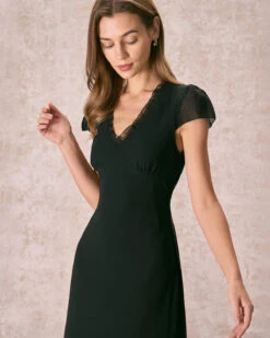 The Black V Neck Ruffle Sheer Midi Dress -CINN Clothing Shop the v neck ruffle midi dress dresses 1wk0au