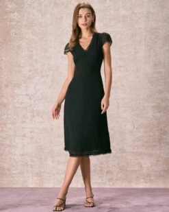 The Black V Neck Ruffle Sheer Midi Dress -CINN Clothing Shop the v neck ruffle midi dress dresses jd1wzn