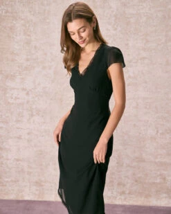 The Black V Neck Ruffle Sheer Midi Dress -CINN Clothing Shop the v neck ruffle midi dress dresses xlby0x