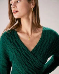 The Green V Neck Wrap Sweater Mini Dress 8 The Green V Neck Wrap Sweater Mini Dress -CINN Clothing Shop the v neck wrap sweater dress dresses ht13yn