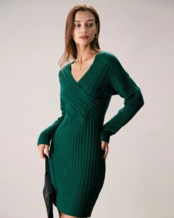 The Green V Neck Wrap Sweater Mini Dress 7 The Green V Neck Wrap Sweater Mini Dress -CINN Clothing Shop the v neck wrap sweater dress dresses xnx4mo