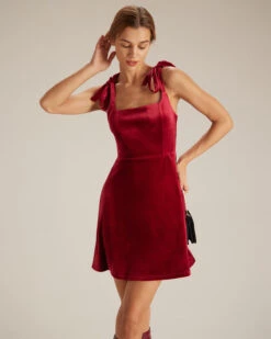 The Red Tie Shoulder Velvet A-Line Mini Dress