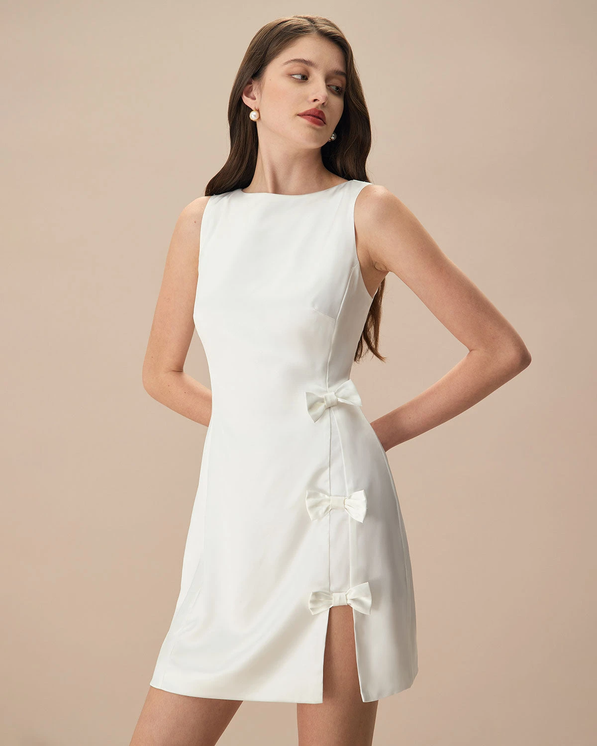 The White Boat Neck Bowknot Satin Mini Dress 3 The White Boat Neck Bowknot Satin Mini Dress - Image 3