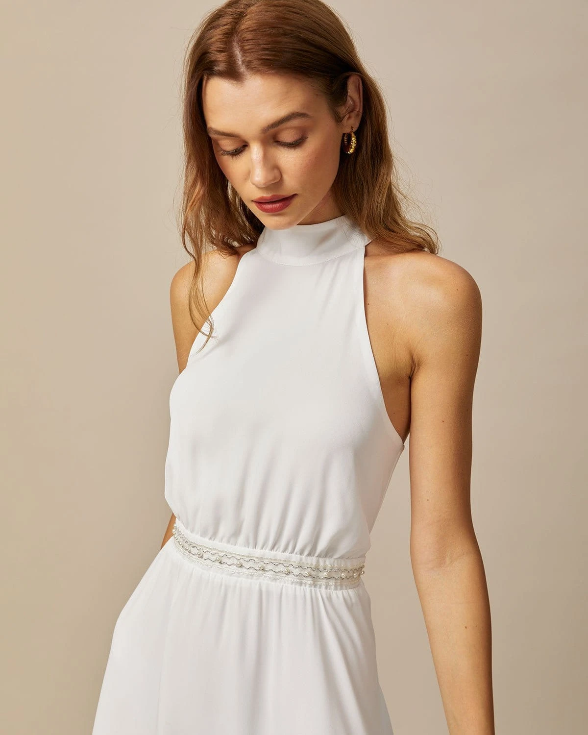 The White Mock Neck Pearls Backless Mini Dress 3 The White Mock Neck Pearls Backless Mini Dress - Image 3
