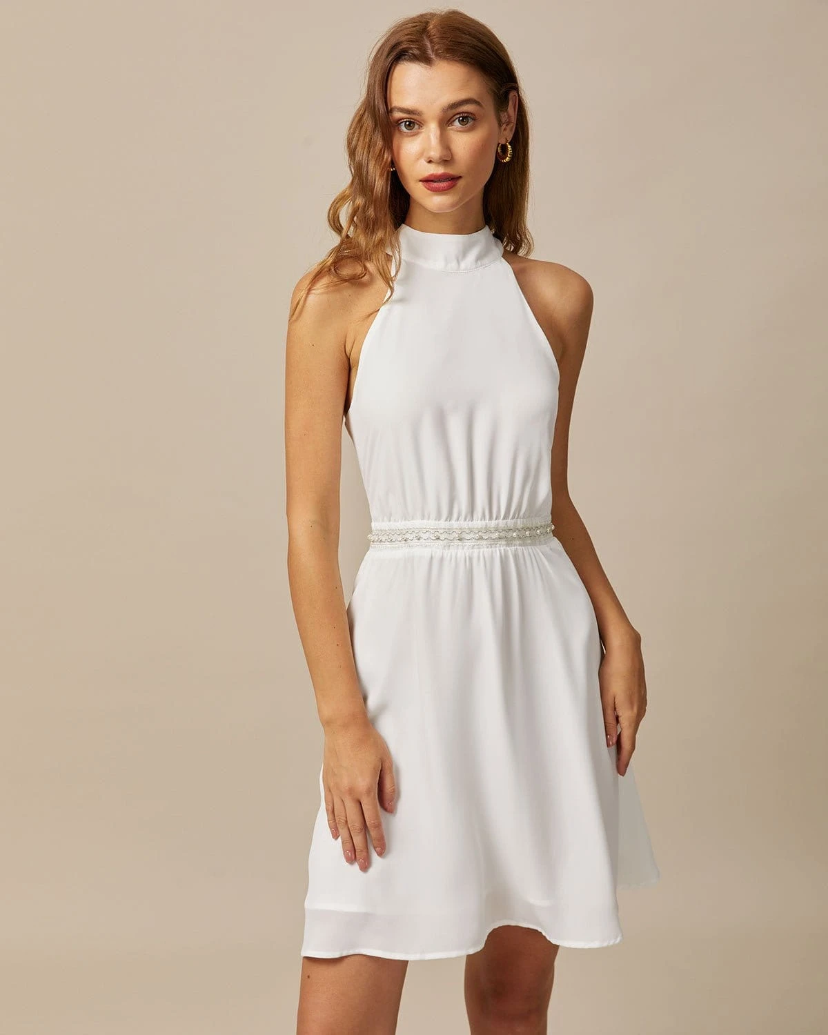 The White Mock Neck Pearls Backless Mini Dress 1 The White Mock Neck Pearls Backless Mini Dress