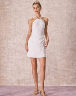 The White Ruched Halter Mini Dress -CINN Clothing Shop the white halter ruched mini dress dresses mwt7ta