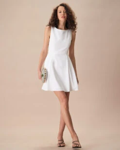 The White Round Neck Pleated Mini Dress -CINN Clothing Shop the white pleated mini dress dresses cqotan