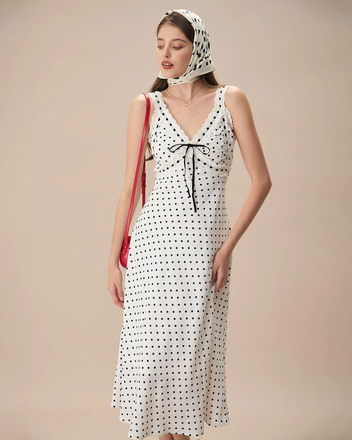 The White V-Neck Polka Dot Lace Trim Midi Dress 1 The White V-Neck Polka Dot Lace Trim Midi Dress