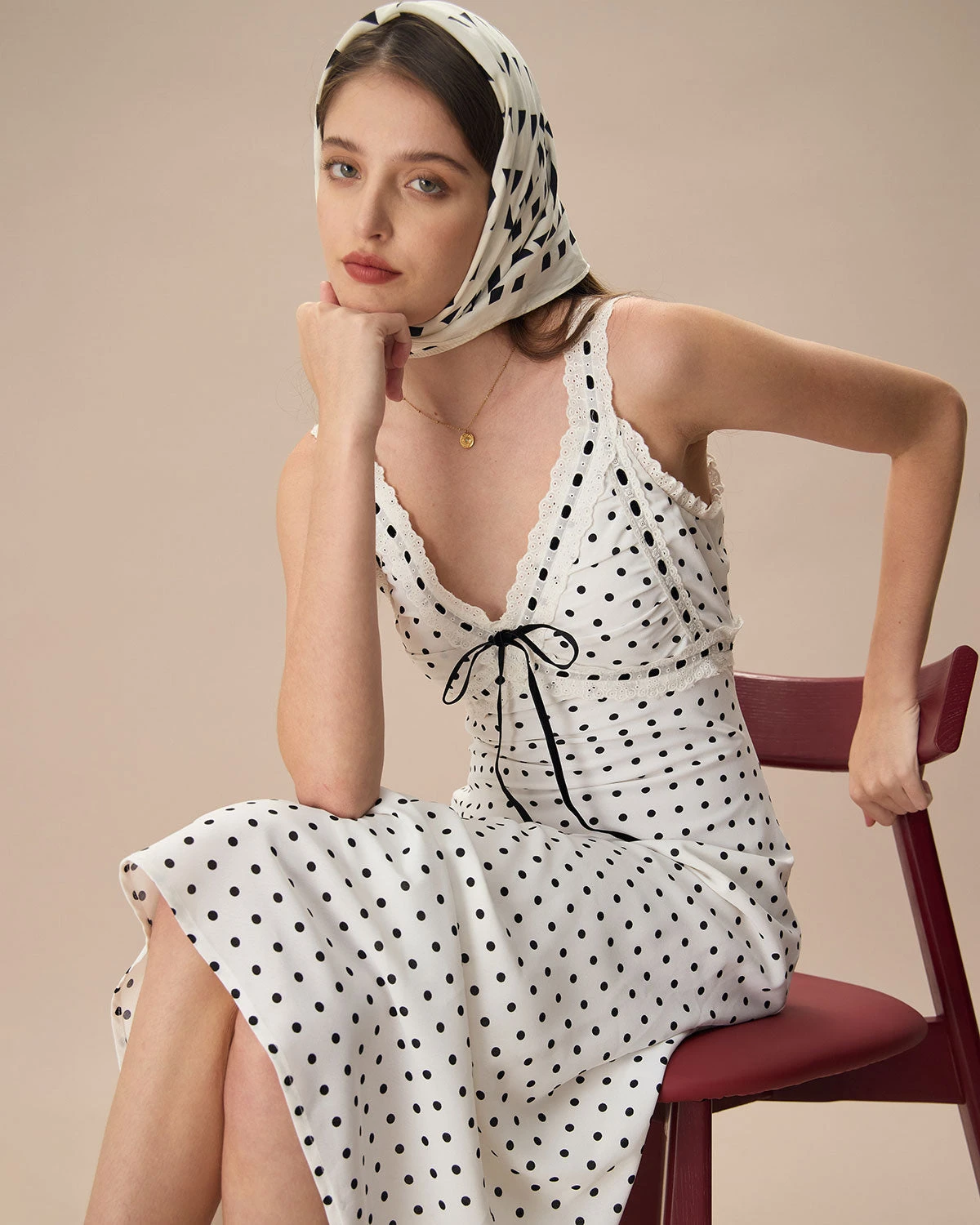 The White V-Neck Polka Dot Lace Trim Midi Dress 3 The White V-Neck Polka Dot Lace Trim Midi Dress - Image 3