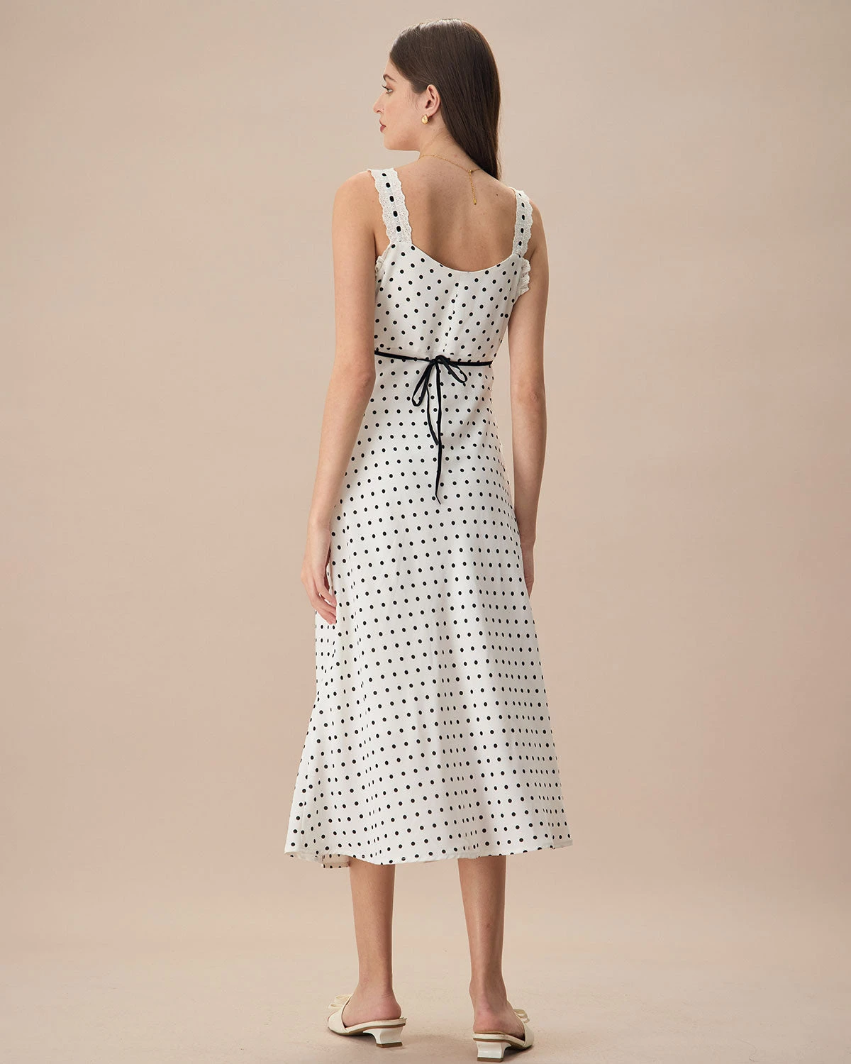 The White V-Neck Polka Dot Lace Trim Midi Dress 5 The White V-Neck Polka Dot Lace Trim Midi Dress - Image 5