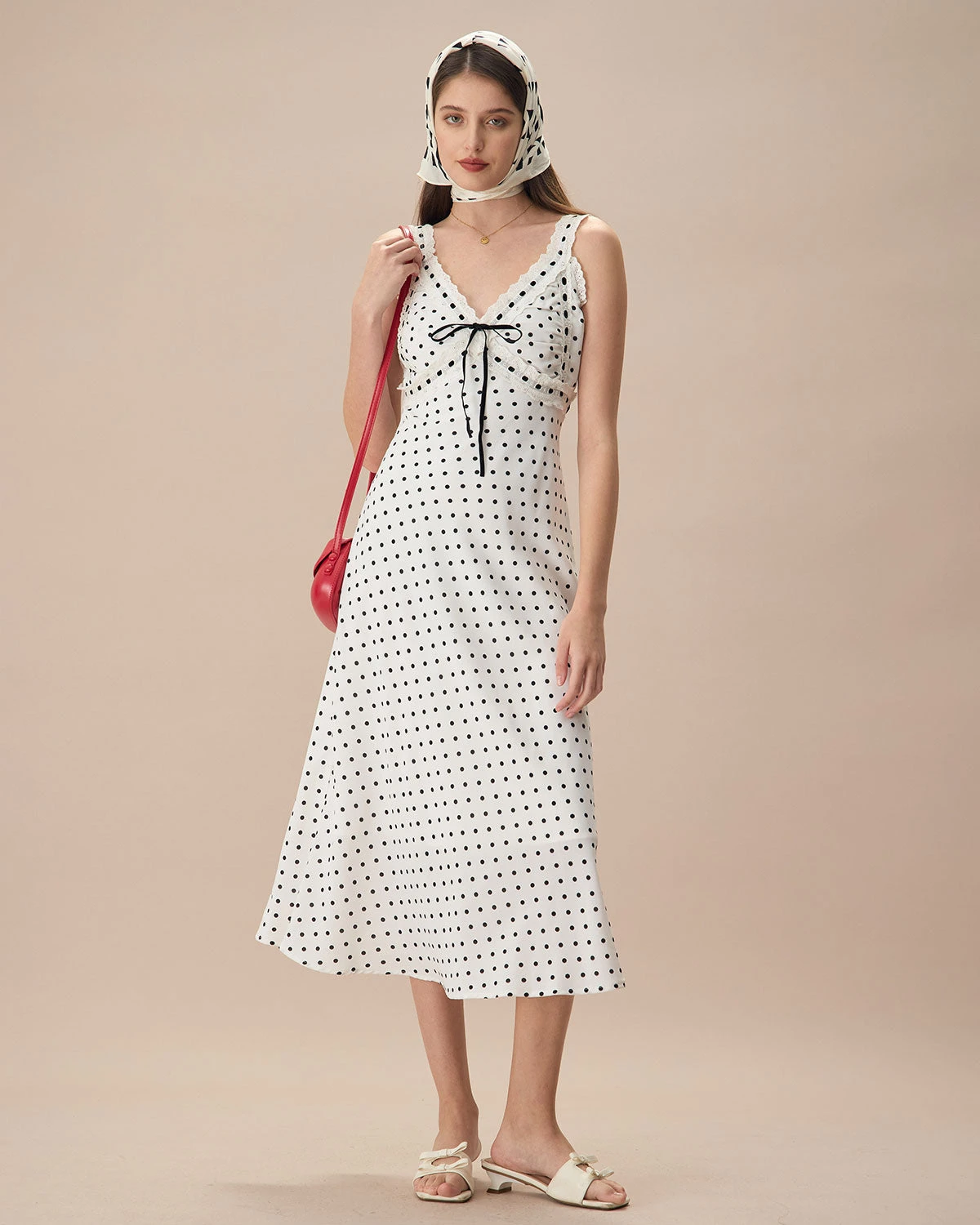 The White V-Neck Polka Dot Lace Trim Midi Dress 4 The White V-Neck Polka Dot Lace Trim Midi Dress - Image 4