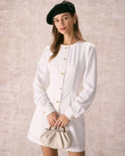 The White Round Neck Button Mini Dress 8 The White Round Neck Button Mini Dress -CINN Clothing Shop the white round neck button mini dress dresses dagdwt