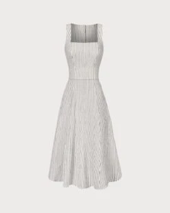 The White Square Neck Striped Midi Dress -CINN Clothing Shop the white striped button midi dress white dresses zjtrnz 912632