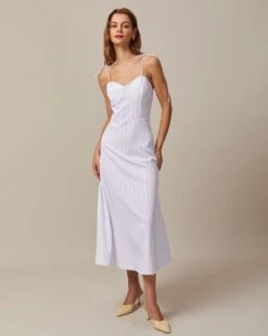 CINN Clothing Shop -CINN Clothing Shop the white striped tie shoulder dress white dresses lbpeun 337732