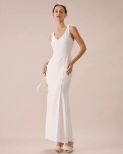 The White V Neck Sheath Mermaid Maxi Dress