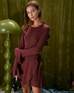 The Wine Red Ruffle Flare Sleeve Mini Dress 11 The Wine Red Ruffle Flare Sleeve Mini Dress -CINN Clothing Shop the wine red crew neck flare sleeve mini dress dresses f5z1ht