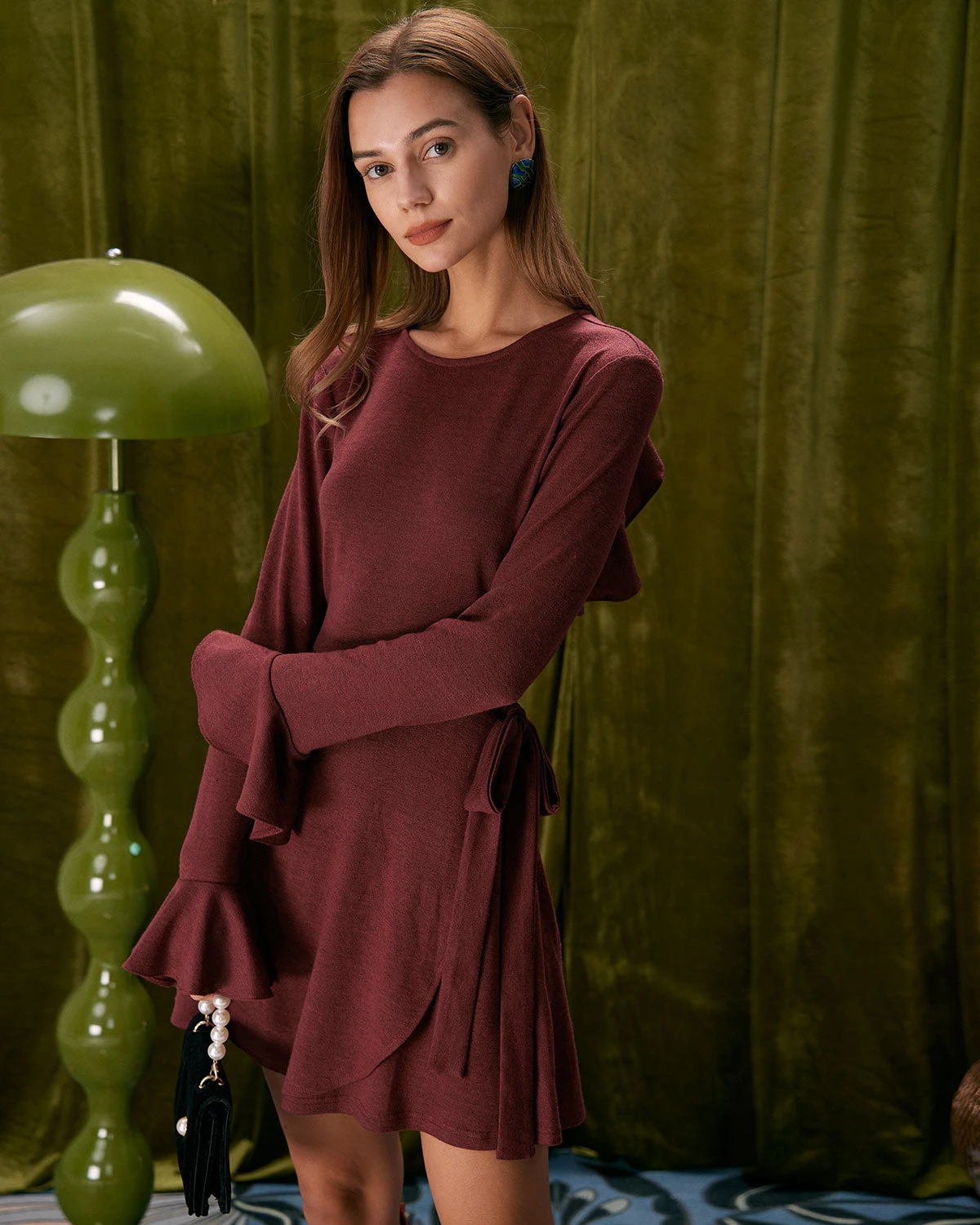 The Wine Red Ruffle Flare Sleeve Mini Dress 6 The Wine Red Ruffle Flare Sleeve Mini Dress - Image 6