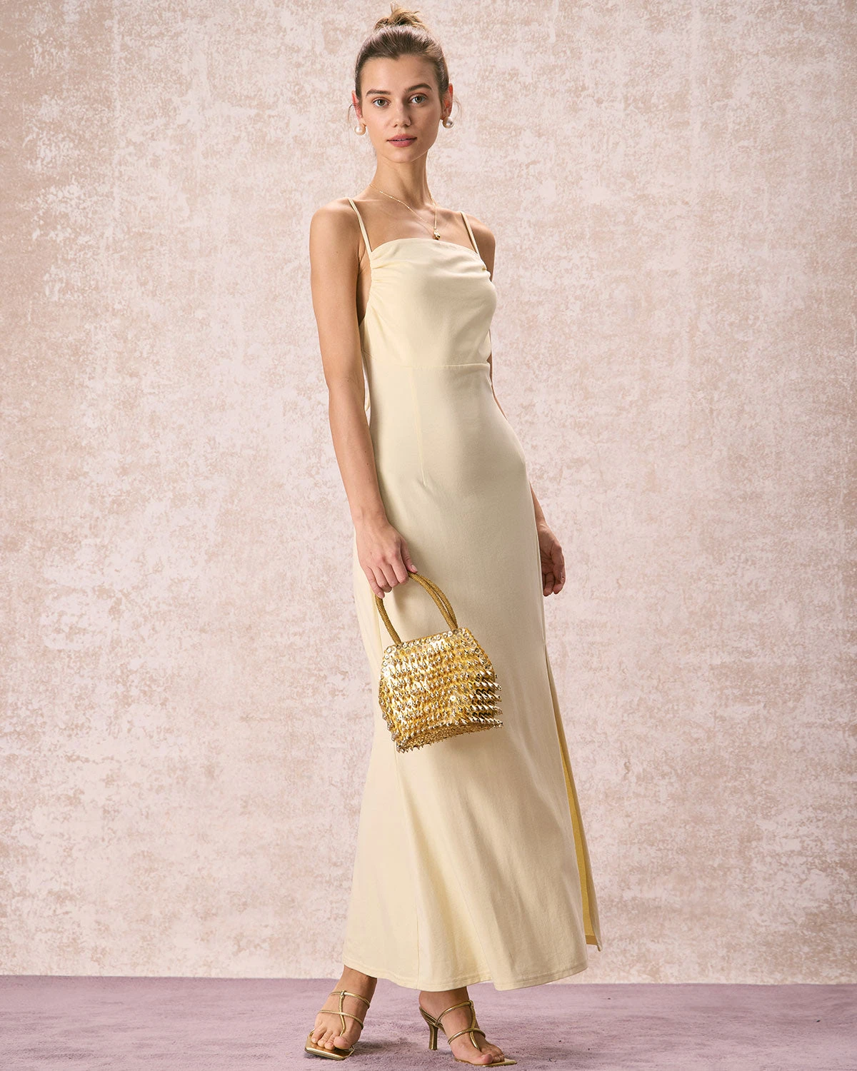 The Yellow Ruched Backless Slip Maxi Dress 1 The Yellow Ruched Backless Slip Maxi Dress