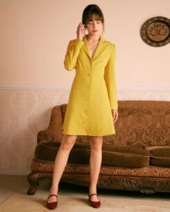 The Yellow Lapel Scalloped Button Mini Dress -CINN Clothing Shop the yellow scalloped mini dress dresses hog3b4
