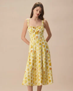 The Yellow Square Neck Floral Cotton Midi Dress -CINN Clothing Shop the yellow square neck tie midi dress dresses h88nzy