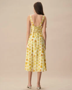 The Yellow Square Neck Floral Cotton Midi Dress -CINN Clothing Shop the yellow square neck tie midi dress dresses qbdx1i