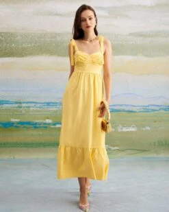 The Yellow Tie Shoulder Ruched Maxi Dress -CINN Clothing Shop the yellow tie shoulder ruched maxi dress dresses qztadq 587775