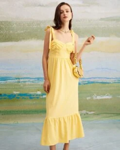 The Yellow Tie Shoulder Ruched Maxi Dress